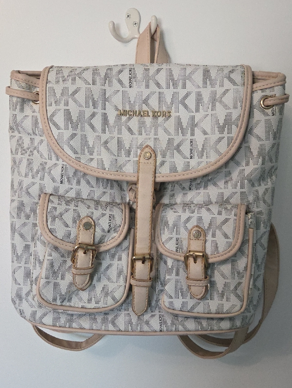Michael Kors White & Beige Logo-Print Backpack